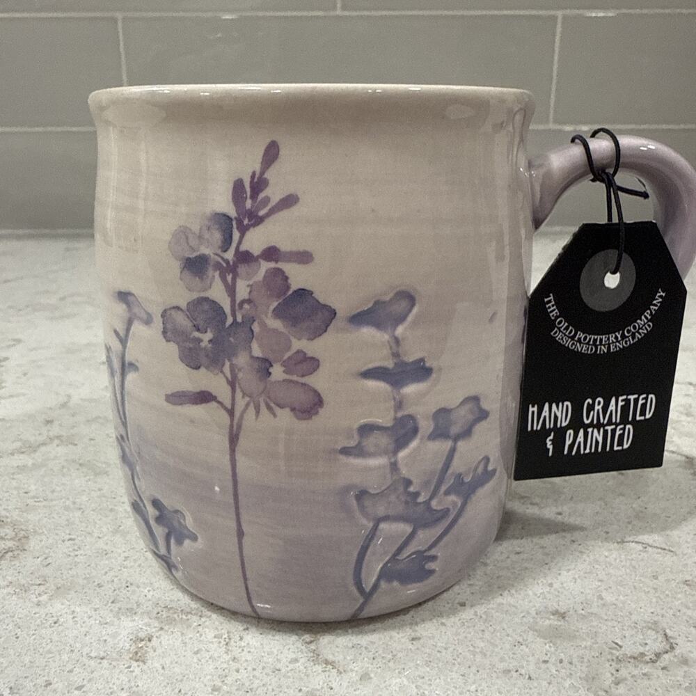 Old Pottery Co LAVENDER FLORAL Embossed Ceramic Coffee Mug Handmade Hand Painted